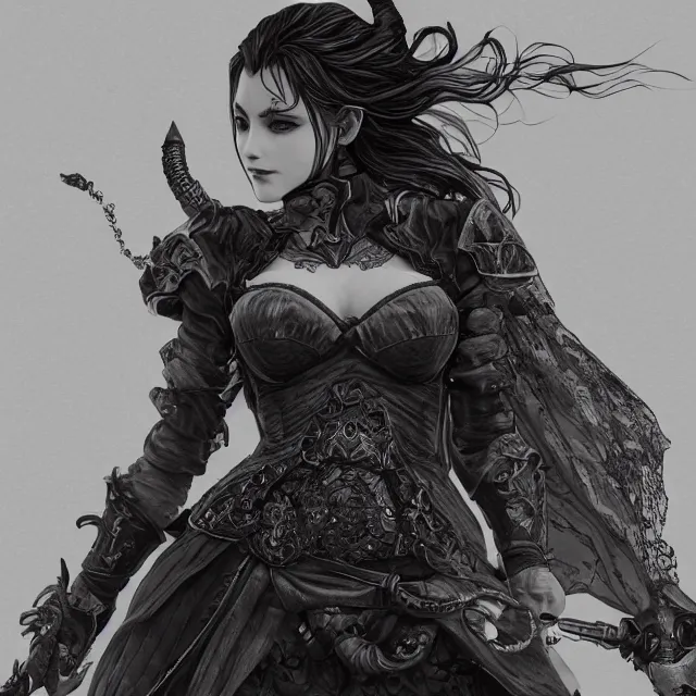 Prompt: the portrait of the neutral evil fallen female dark knight vagabond as absurdly beautiful, gorgeous, elegant, sophisticated european gravure idol, an ultrafine hyperdetailed illustration by kim jung gi, intricate linework, detailed faces looking up, octopath traveler, unreal engine 5 highly rendered, global illumination, detailed and intricate environment, 8 k