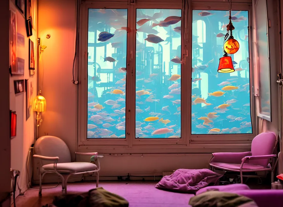 Image similar to telephoto 7 0 mm f / 2. 8 iso 2 0 0 photograph depicting the feeling of chrysalism in a cosy cluttered french sci - fi ( art nouveau ) cyberpunk apartment in a pastel dreamstate art cinema style. ( aquarium, computer screens, window ( city ), fish tank, lamp ( ( ( armchair ) ) ) ), ambient light.