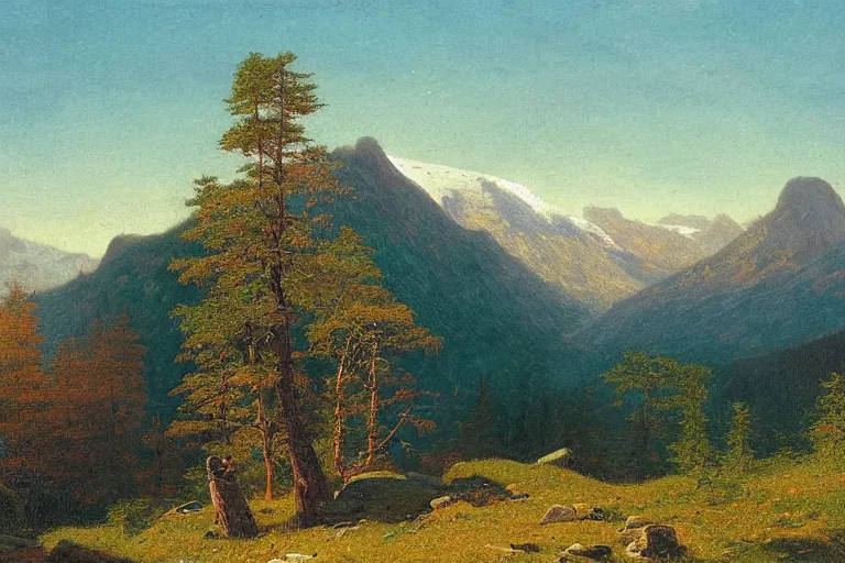 Image similar to mountains, trees, beautiful nature, very detailed, focused, oil painting, colorful, canvas, artstation, national geographic, Sydney Mortimer Laurence, Albert Bierstadt, Theodor Kittelsen, Hans Dahl, Konstantin Yakovlevich Kryzhitsky