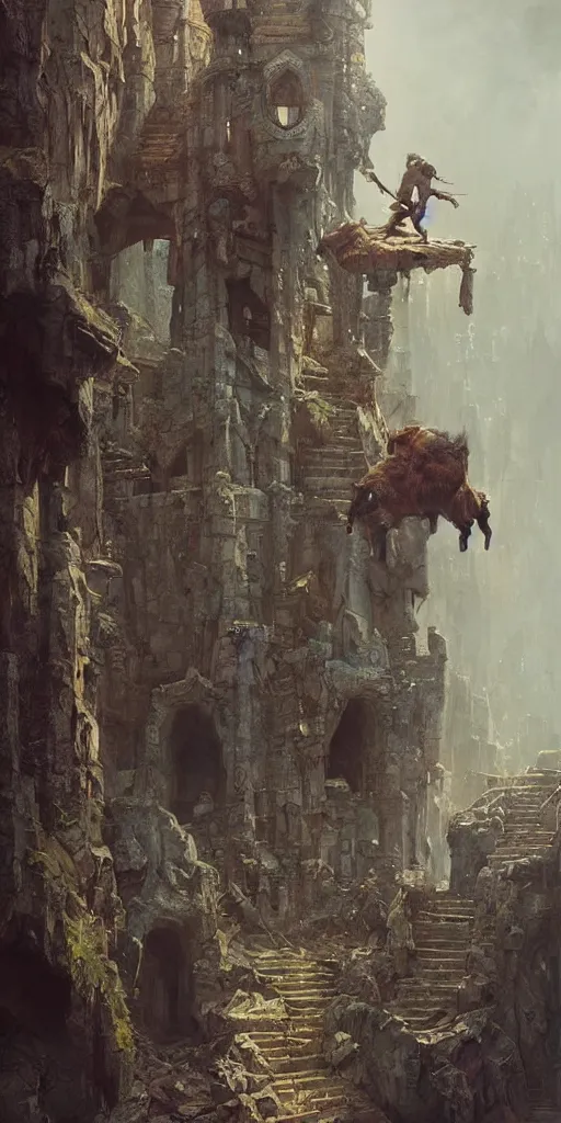 Image similar to a highly detailed epic cinematic concept art cg render digital painting artwork of goats climbing stairs of a fantasy castle, by greg rutkowski, in the style of francis bacon and syd mead and norman rockwell and beksinski