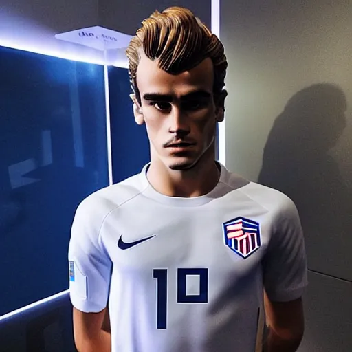 Image similar to “ a realistic detailed photo of a guy who is an attractive humanoid who is half robot and half humanoid, who is a male android, soccer player antoine griezmann, shiny skin, posing like a statue, blank stare, at the museum, on display ”