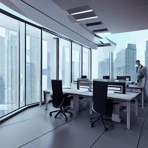 Image similar to futuristic office space, fin - tech company in the future, high detail, 3 d - render,