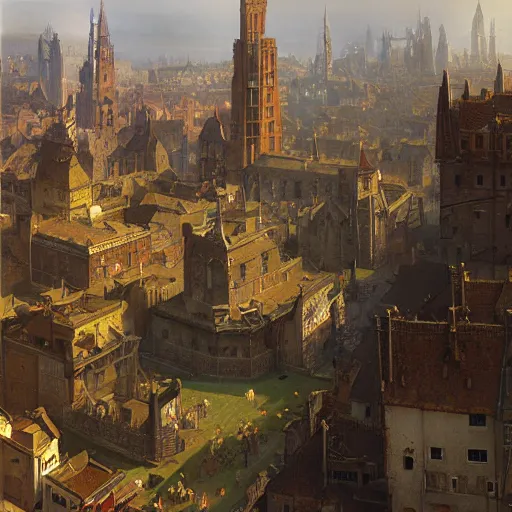 Prompt: medieval city standing on a giant gear buildings vista artstation illustration sharp focus sunlit vista painted by ruan jia raymond swanland lawrence alma tadema zdzislaw beksinski norman rockwell tom lovell alex malveda greg staples