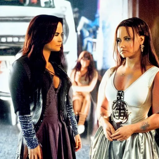 Image similar to close-up of Demi Lovato as Piper Halliwell and Selena Gomez as Phoebe Halliwell and Ariana Grande as Prue Halliwell in a Charmed movie directed by Christopher Nolan, movie still frame, promotional image, imax 35 mm footage