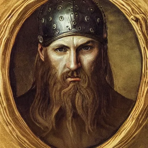 Prompt: viking king, sad eyes, hand resting on his chin, amazing detail, portrait, neoclassicism art style