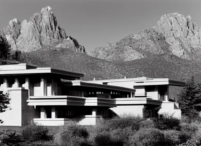 Image similar to photograph of a frank lloyd wright house in front of beautiful mountains by ansel adams, 2 0 0 mm, color film camera, pentax