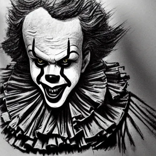 Prompt: pennywise in court. pencil court sketch. intricate. highly professionally detailed.