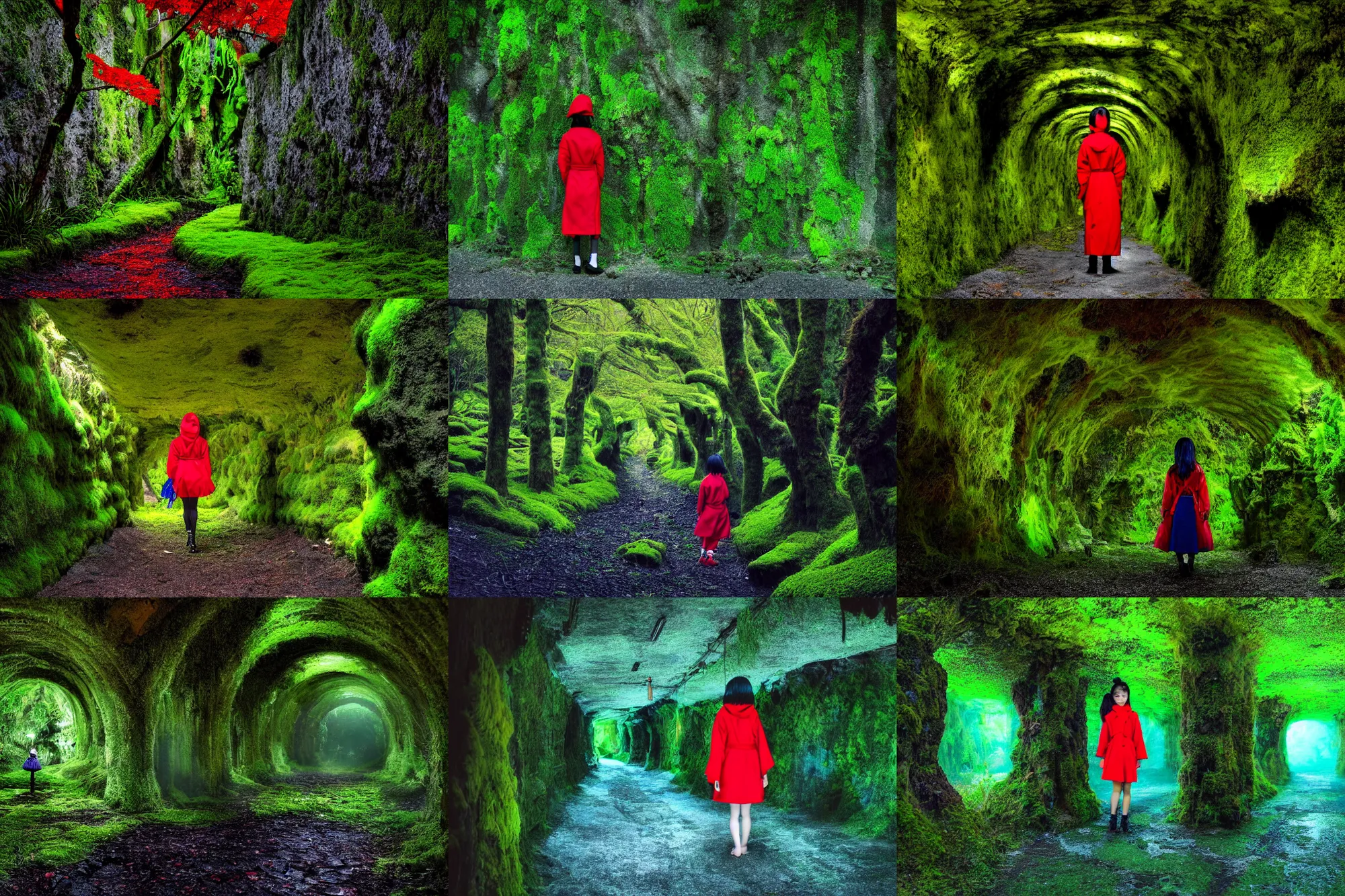Prompt: A mossy underground world like a back alley or outer space or underworld, A Japanese girl in a red raincoat explores, beautiful, dark and blue and green tones, 4k