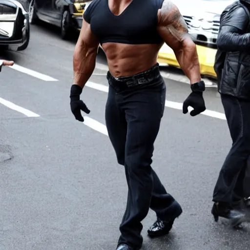 Image similar to Dwayne Johnson as Catwoman Paparazzi photograph