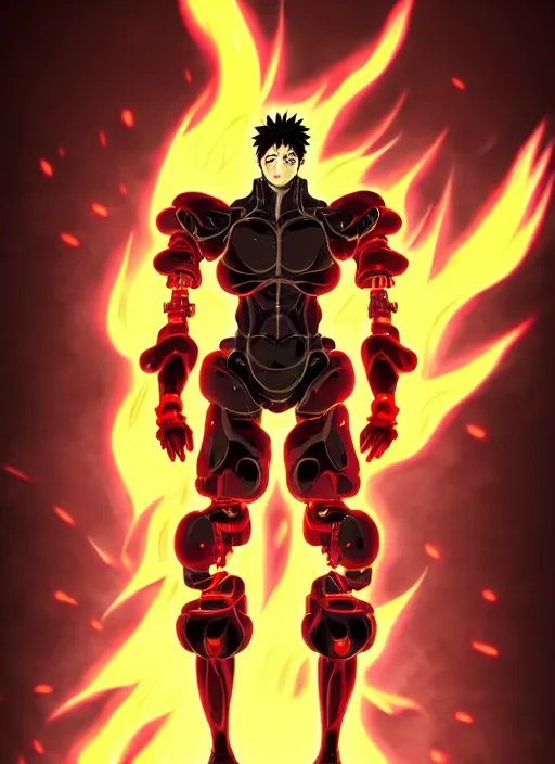 Image similar to a detailed manga full body portrait illustration of a dark haired cyborg anime man surrounded by fire by hirohiko araki, detailed artwork, realism, 4 k resolution, detailed, high quality, sharp focus, hq artwork, insane detail, volumetric lighting, character concept art, fine details, clear subject, central subject