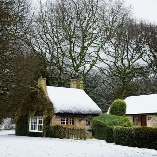 Prompt: a cosy house in the english countryside in winter