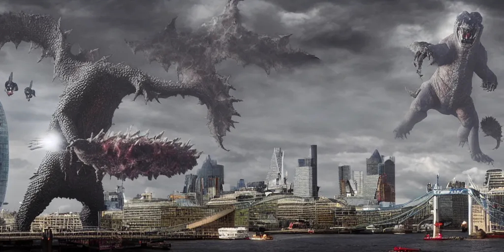 Image similar to kaiju attack in london photography realistic, detailed, cinematic