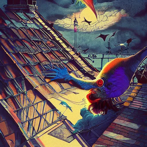 Image similar to A clown on the roof of the church playing with crows, by Android Jones and M. C. Escher collaboration, futurist, digital art, dramatic lighting, symbolic