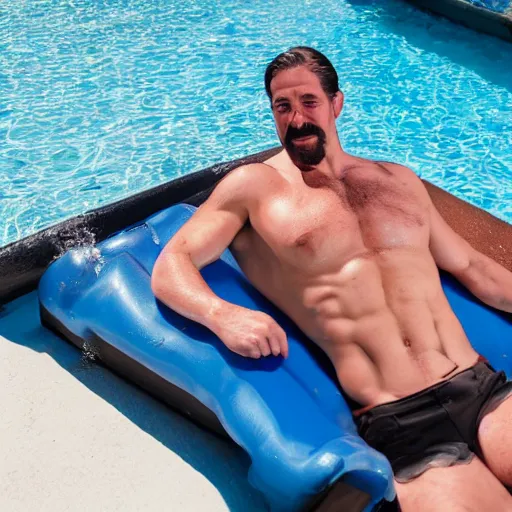 Prompt: Eric Bugenhagen on a raft in a pool