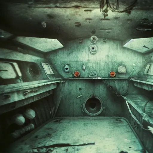 Prompt: shipwrecked soviet submarine interior, underwater, polaroid photograph, cinematic Eastman 5384 film, artstation