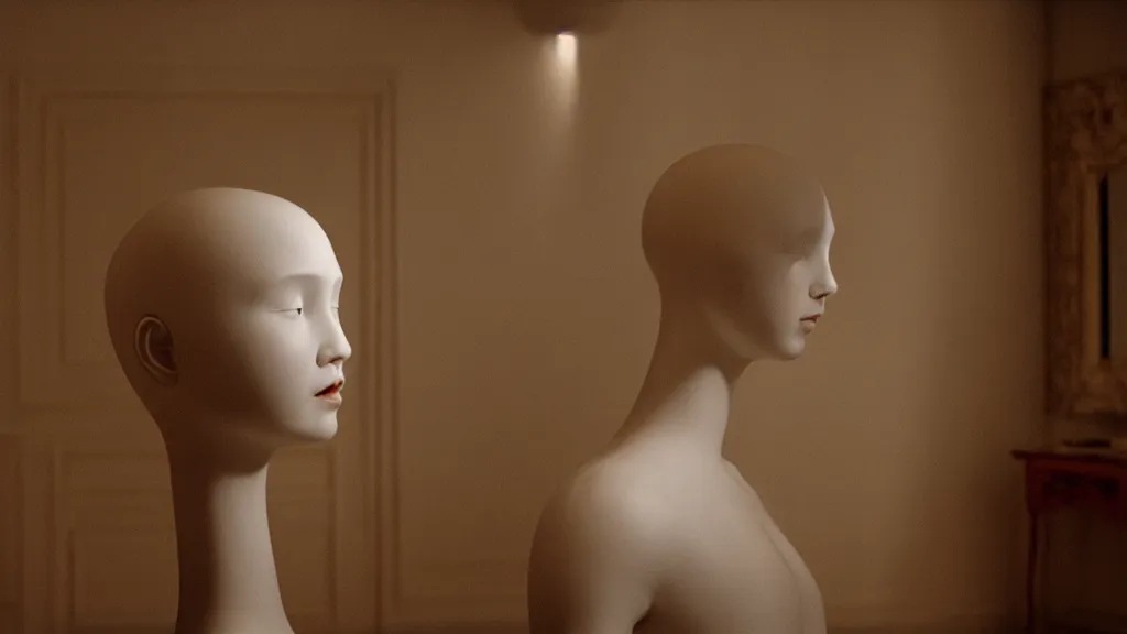 Image similar to a giant porcelain mannequin head in the middle of a living room, film still from the movie directed by denis villeneuve with art direction by zdzisław beksinski, wide lens