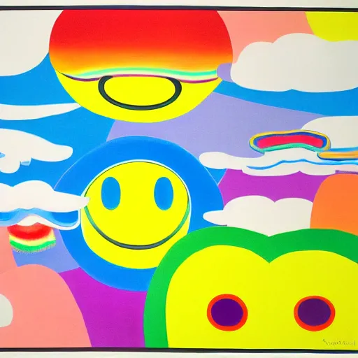 Image similar to clouds with rainbow colors, smiley faces, Edvard Munch, David Hockney, Takashi Murakami, Minimalist,