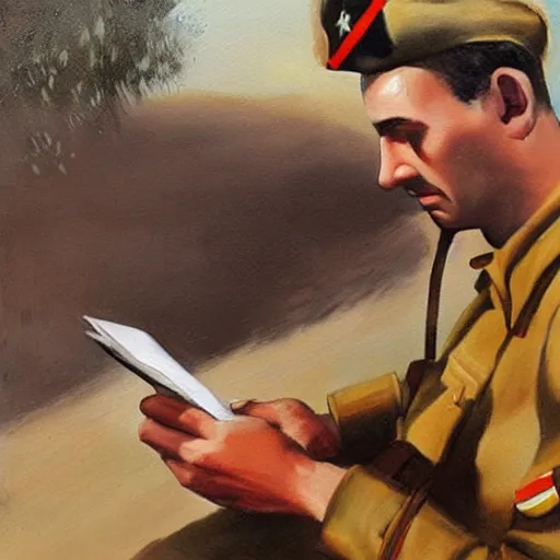 Prompt: medium shot painting of an italian soldier texting a letter to his beloved in wwII, behind him the desert of El Alamein