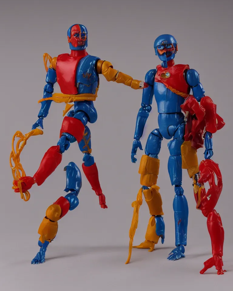 Image similar to product photo of a colorful kenner 1 9 8 0's action figure, five points of articulation, sci - fi, 8 k, full body, studio lighting