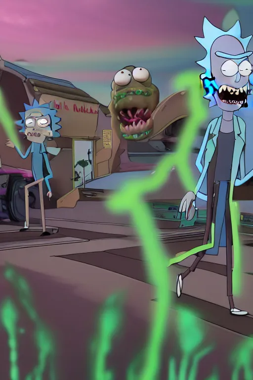 Image similar to 3d final render, hiper-realistic Rick and Morty, detailed, 8k