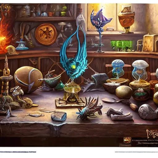 Image similar to hyper realistic, tony sart, table, wizards laboratory, mortar, pestle, scales, magic book, beaker, energy