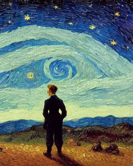 Prompt: a person looking at the night sky with stars, colorful, beautiful, national geographic, very detailed, astrophotography, oil painting, canvas, Vincent van Gogh, Caspar David Friedrich, Theodor Kittelsen, Albert Bierstadt