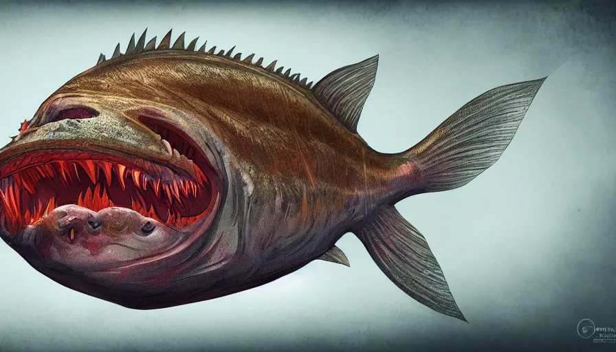 Prompt: Digital painting of creepy piranha, hyperdetailed, artstation, cgsociety, 8k