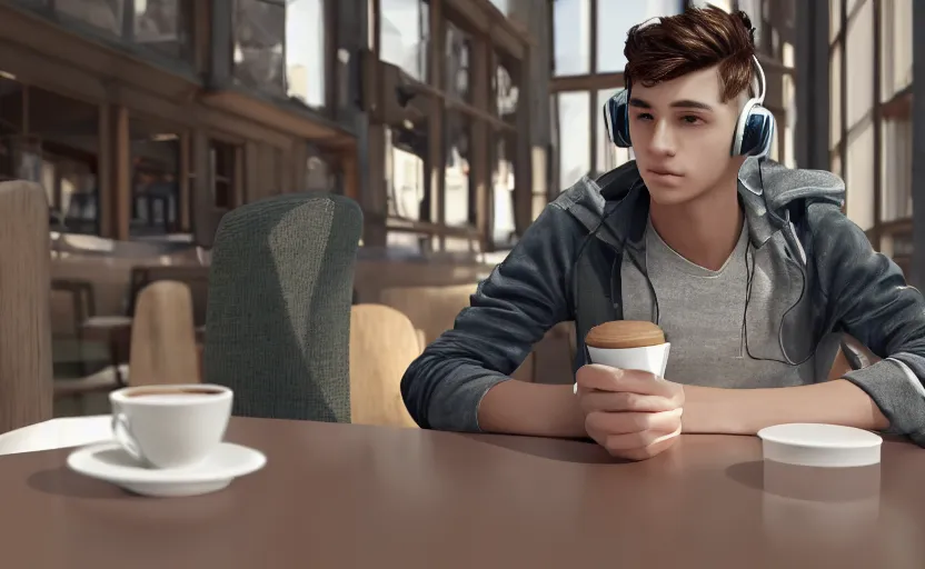 Image similar to a male teenager with headphones in a cafe sitting in front of a table with a coffee, digital painting, masterpiece, digital art, concept art, octane render, unreal engine 5, trending on deviantart, highly detailed, high quality, 4 k, cartoon, high coherence, realistic, anatomically correct, five fingers, relaxing, realistic and detailed face, beautiful, elegant