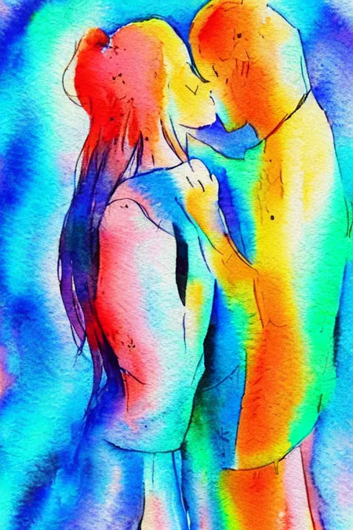 Prompt: couple kissing, romantic watercolor art, abstract, melting into each other, light orange, light pink,