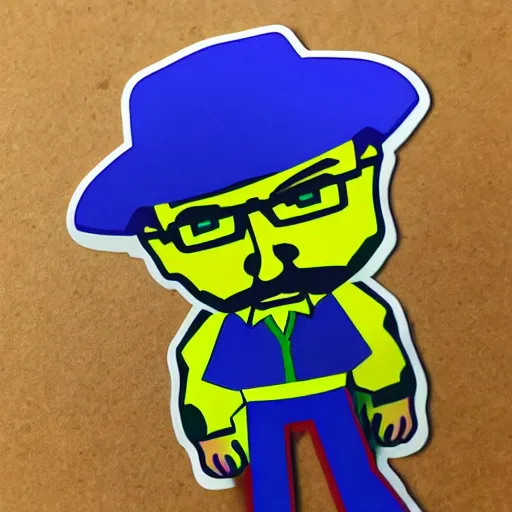 Prompt: die cut sticker, walter white with wings in the joker outfit