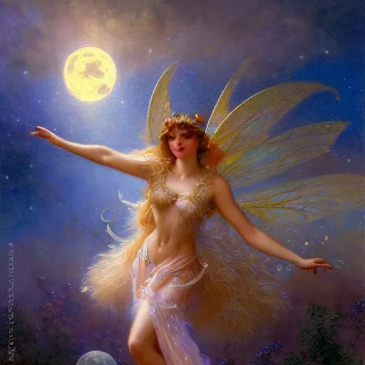 Image similar to attractive fairy magically floating high in the night, fantasy, full moon in background. highly detailed painting by gaston bussiere, craig mullins, j. c. leyendecker, sharp focus, 8 k