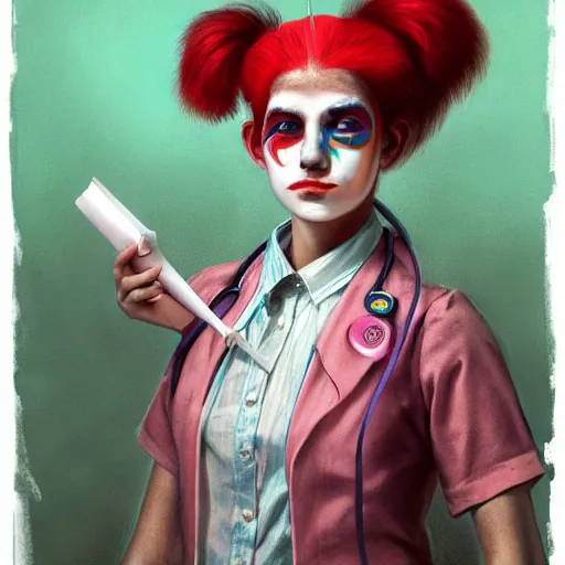 Image similar to clowncore pastel punk young hospital nurse wearing stylish uniform. detailed, portrait, 8 k, artwork by jean - baptiste monge