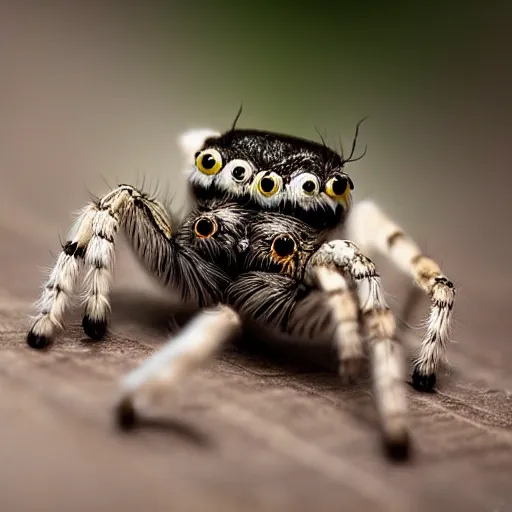 Image similar to jumping spider mixed with Owl, hybrid creature, cute, macro lens