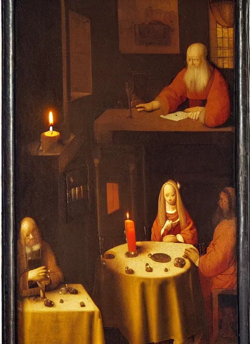 Prompt: a candlelit table at the inn, evening, dark room, two people sitting at the table, swirling smoke, dark smoke, realistic, in the style of leonardo da vinci, dutch golden age, amsterdam, medieval painting by jan van eyck, johannes vermeer, florence