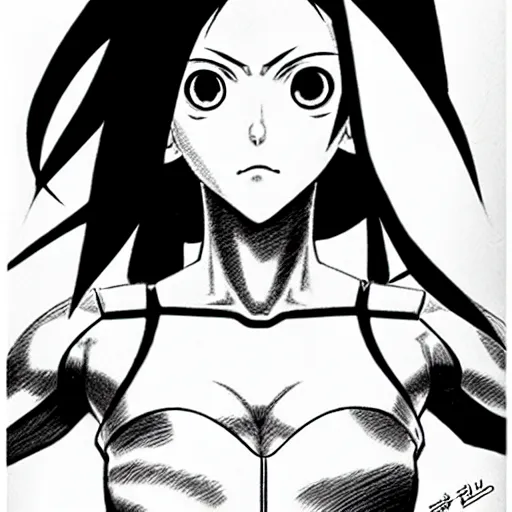 Prompt: alita by yukito kishiro. medium shot. black and white manga. pencil sketch.