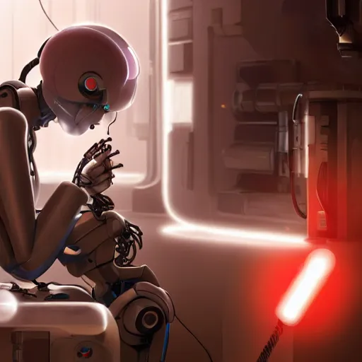 Image similar to cyberpunk robot repairing an android in a lab, concept art, fine details, Anime, cinematic lighting, ghost-in-the-shell,