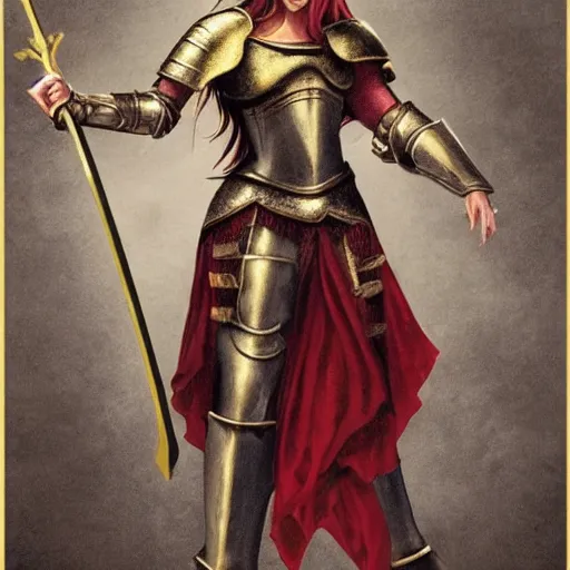 Prompt: a tall, red - haired female knight wearing golden armor with a long left arm golden prothesis, she wields a long golden blade