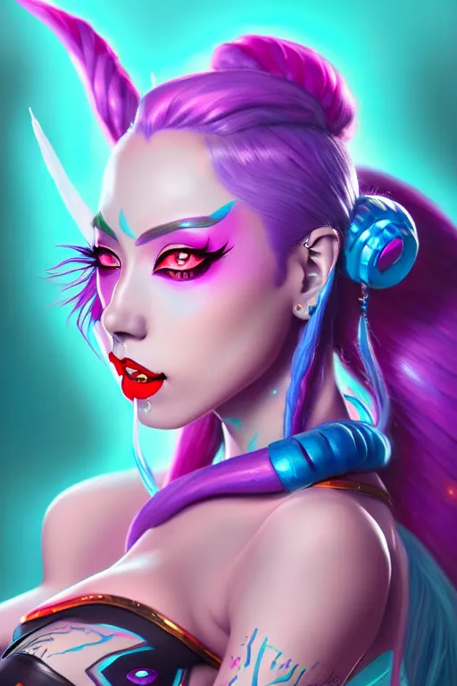 Image similar to a ultradetailed beautiful painting of jinx from league of legends, trending on artstation