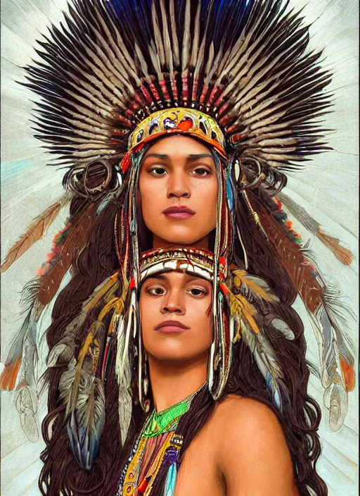 Prompt: portrait of Cree Summer as beautiful native american woman wearing an elaborate headdress, intricate, elegant, highly detailed, centered, digital painting, artstation, concept art, smooth, sharp focus, illustration, art by android jones and donato giancola and alphonse mucha