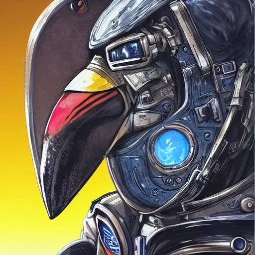 Image similar to a tucan in a astronaut suit, 3d, sci-fi fantasy, intricate, elegant, highly detailed, lifelike, photorealistic, digital painting, artstation, illustration, concept art, sharp focus, art in the style of Shigenori Soejima