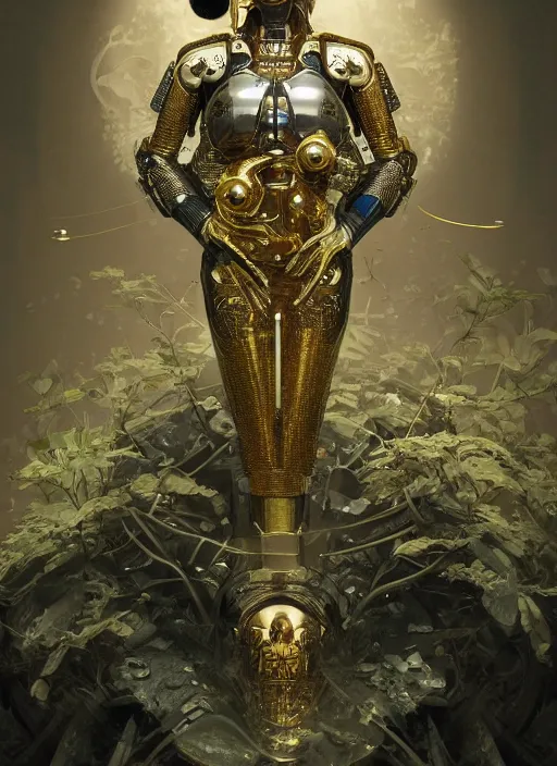 Prompt: portrait of a futuristic geisha cyborg with golden body armor holding a ecosphere with a plant inside, modern fine art, fractal, intricate, elegant, highly detailed, digital photography, subsurface scattering, by jheronimus bosch and greg rutkowski,