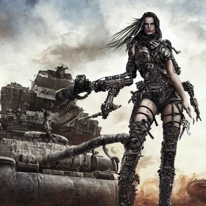 Image similar to beautiful apocalyptic woman with Mohawk, standing on mad max panzer tank, hyper-detailed, smooth, sharp focus, 4k ultra hd, fantasy dark art, tank girl, artgerm, artstation, octane render, elegant, detailed digital painting, apocalyptic art