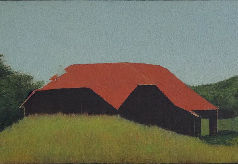 Prompt: a painting in the style of h. r. gieger of a barnhouse with a sheet metal roof