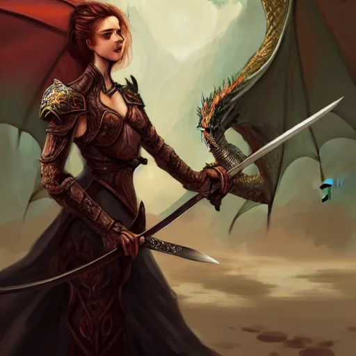 Image similar to a woman holding a sword with a dragon on it, concept art by Ami Thompson, contest winner, fantasy art, official art, concept art, high detail, experimental, high quality, 4k