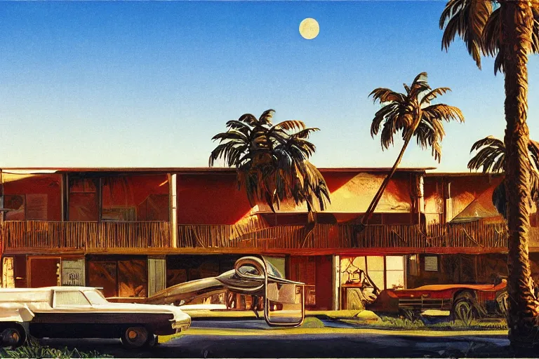 Prompt: natural american landscape | abandoned motel | palm trees | snowy mountains | moon in sky, painting by syd mead and weta studio and moebius and james jean and frank frazetta, highly detailed, rule of third, soft lighting, 8 k resolution, oil on canvas, architectural magazine, beautiful detailed, insanely intricate details, artstation trending, hypermaximalistic, high details, cinematic