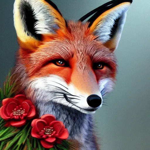 Image similar to portrait of a fox wearing a tiara, wreath flowers, fantasy art, d & d, trending on artstation, beautiful art, highly detailed