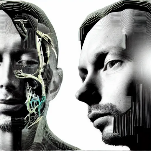 Image similar to version collage, hyper realistic, many variations of very old thom yorke, face variations, statue of ultron body, very long shot, cybernetic, high quality, brush stroke