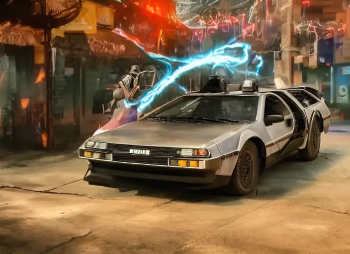 Image similar to a cyberpunk delorean breaking the space - time continuum, energy and time particles, dramatic framing, movie footage, 8 k