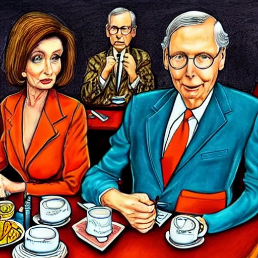 Prompt: The Artwork of R. Crumb and his Cheap Suit Mitch McConnell and Nancy Pelosi go out to a diner, pencil and colored marker artwork, trailer-trash lifestyle