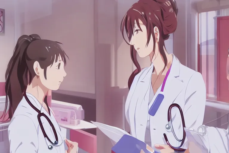 Prompt: a beautiful young female doctor wearing white coat are talking with a nurse wearing pink coat in a hospital ward, slice of life anime, anime scenery by Makoto shinkai
